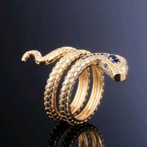 Elegant Gold Snake Ring with Blue and Green Accents